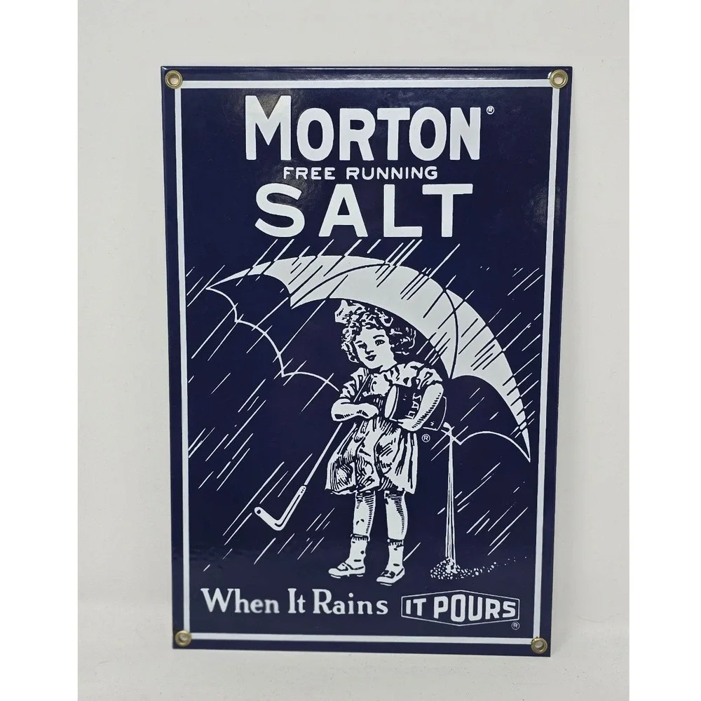 Vtg Ande Rooney porcelain enameled metal sign Morton Salt Umbrella Girl repro